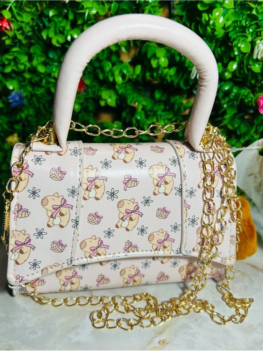 Mini hand bag with charm and pink scarf